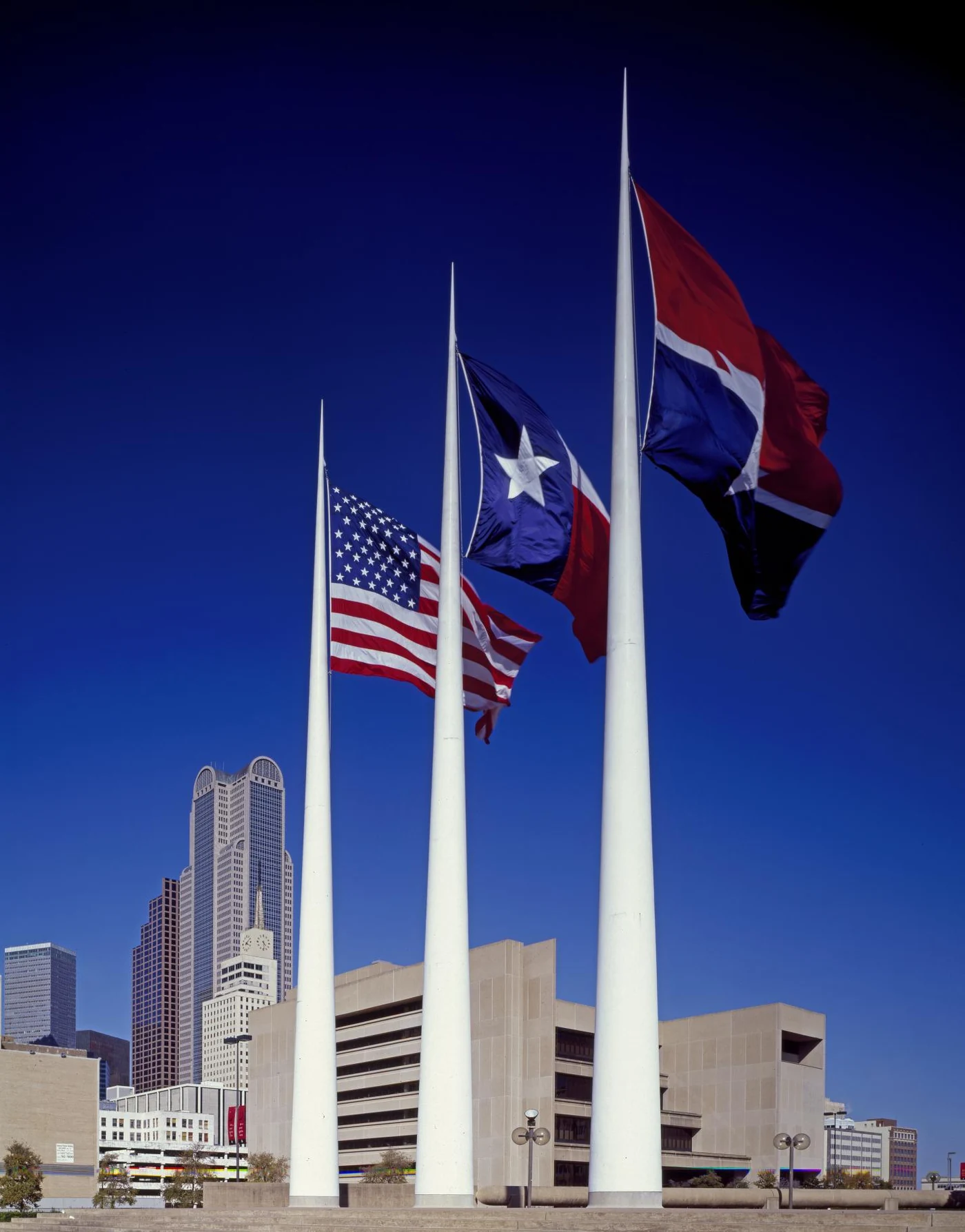 Flags flying outside Dallas City Hall
